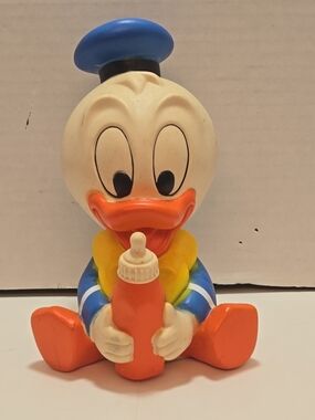 1986 Baby Donald Duck Inspired Blue & Orange Baby Bottle Squeeky Toy